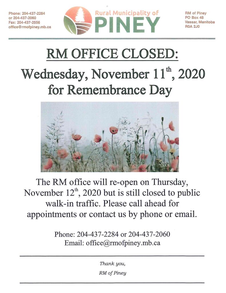 Notice RM Office Closure Remembrance Day 2020