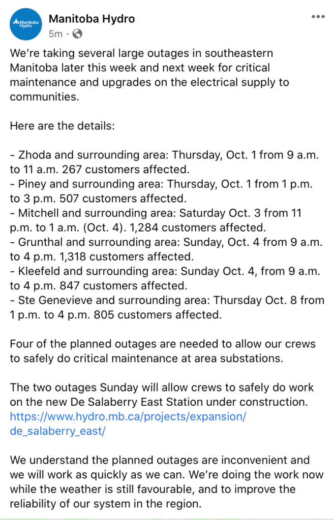 Notice Manitoba Hydro Local Outages October 1st
