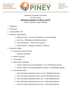 Agenda for Committee of the Whole 2022-09-07