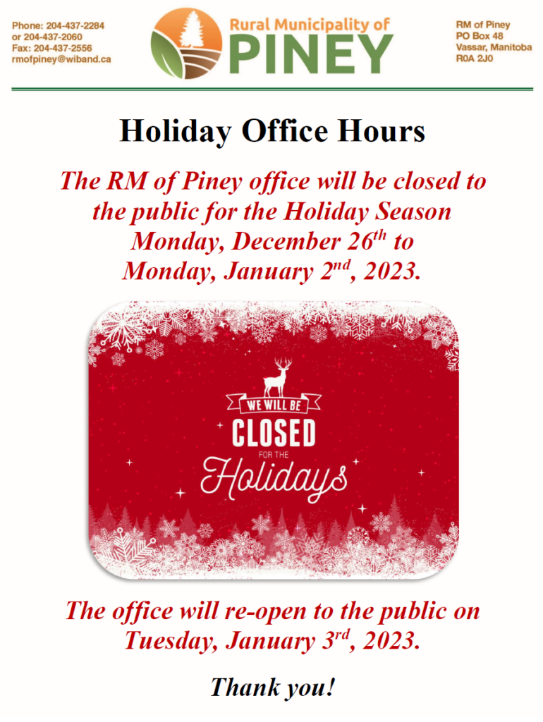 The RM office will be closed for the holidays from December 26 until January 3, 2023.