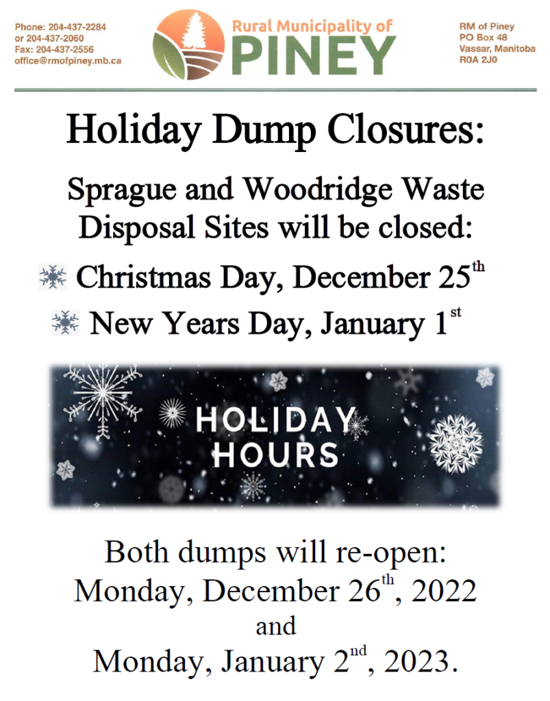 Sprague & Woodridge Waste Disposal Sites will be closed Christmas & New Years Day!