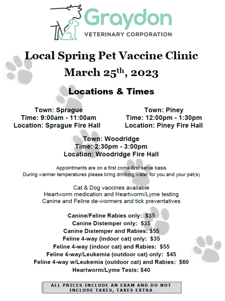 2023 Annual Pet Vaccine Clinic will take place on Saturday, March 25, 2023.