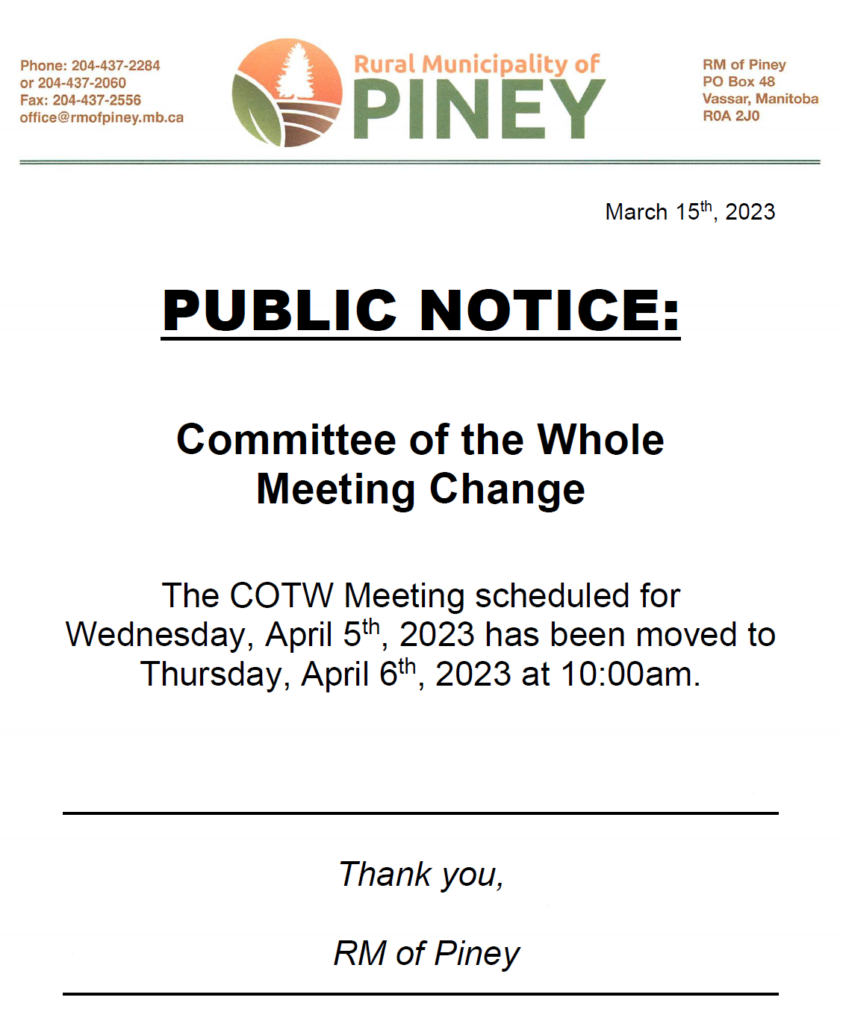 The COTW meeting scheduled for April 5, 2023 has been moved to Thursday, April 6, 2023 at 10:00am.