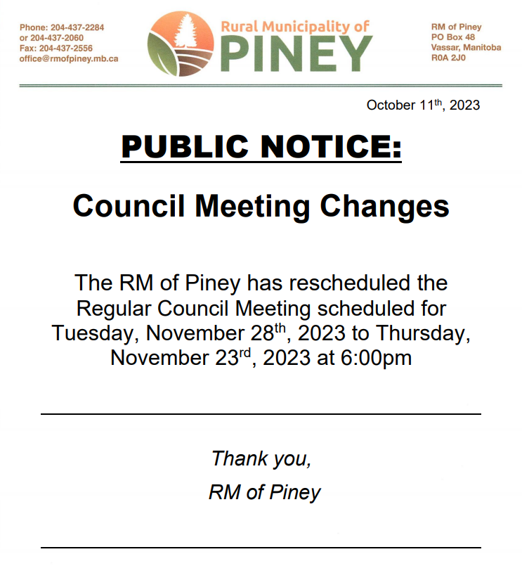 The regular meeting scheduled for November 28, 2023 has been rescheduled to November 23, 2023.