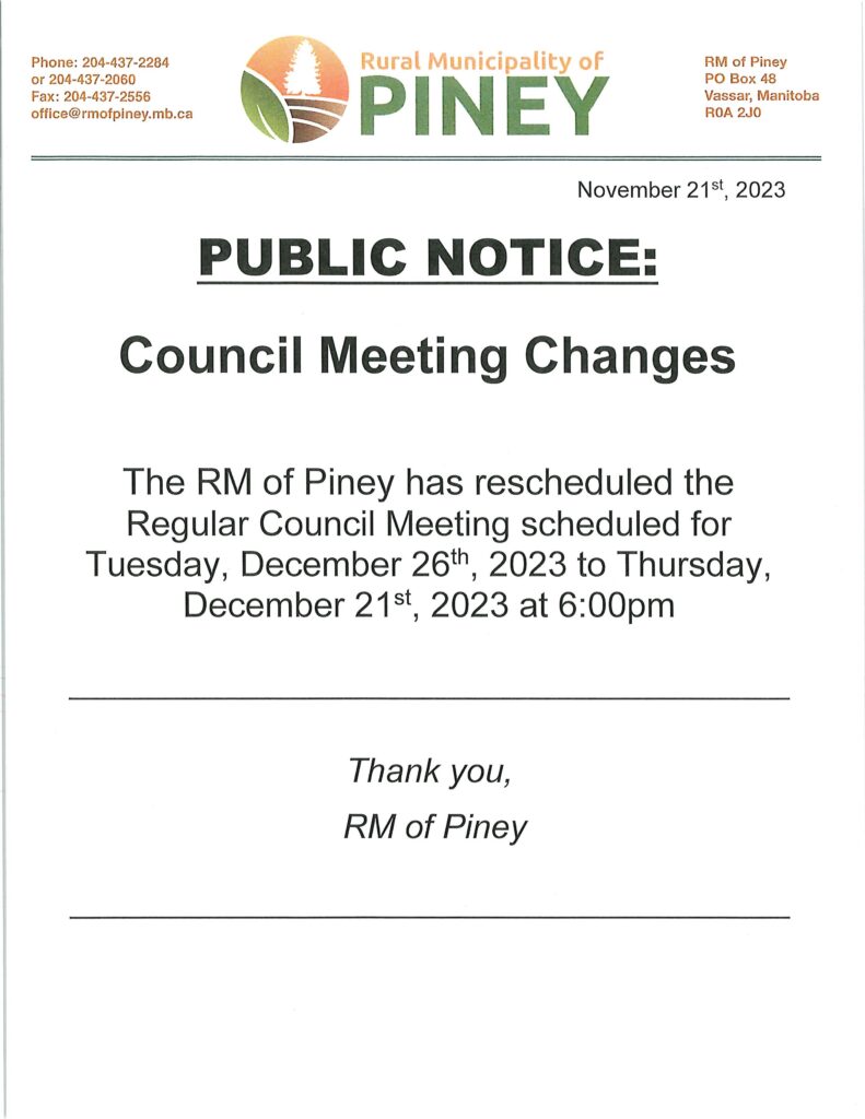 The regular meeting scheduled for December 26th, 2023 has been rescheduled to December 21st, 2023.