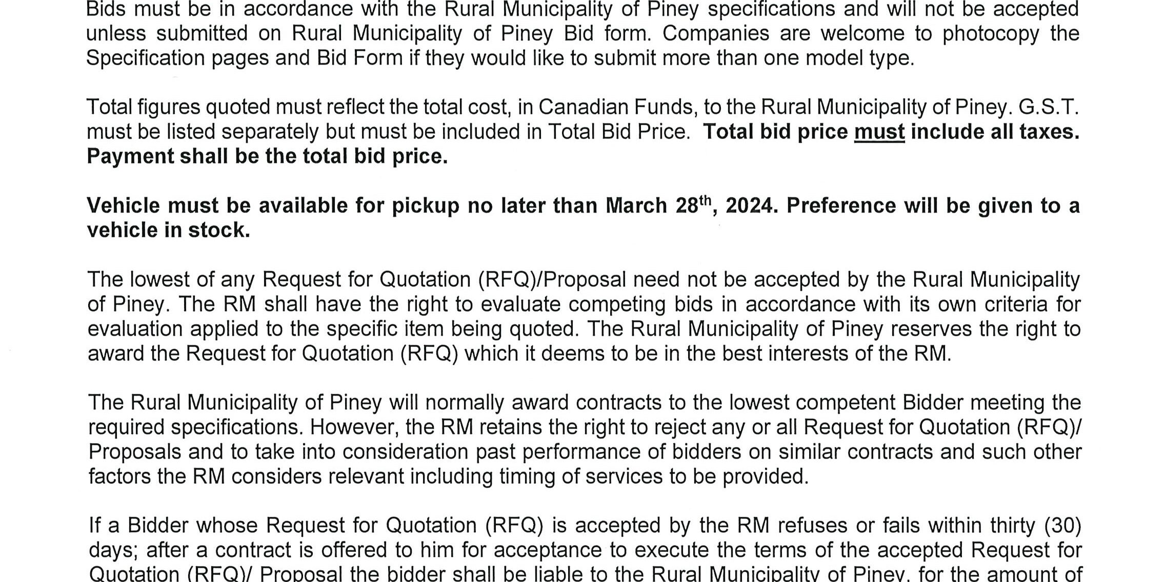 Request for Quotation 4×4 Pickup Rural Municipality of Piney