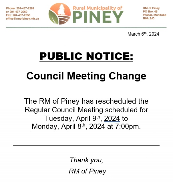 The regular meeting scheduled for April 9th has been rescheduled to April 8th, 2024.
