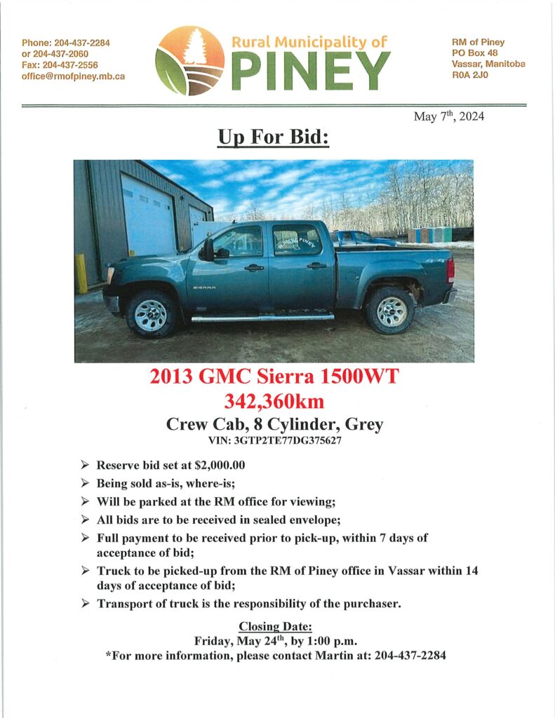 Up for Bid: 2013 GMC Sierra
Closing Date: May 24th, 2024 by 1pm