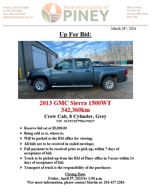 Up for Bid: 2013 GMC Sierra
Closing Date: April 5th, 2024 by 1pm