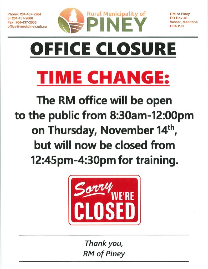 The RM Office will be closed from 12:45-4:30pm for training on November 14th