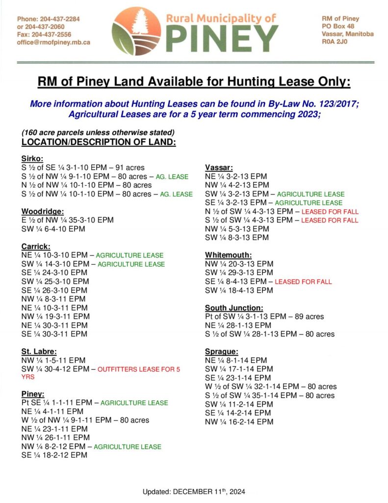 RM of Piney Land Available for Hunting Land Lease Only