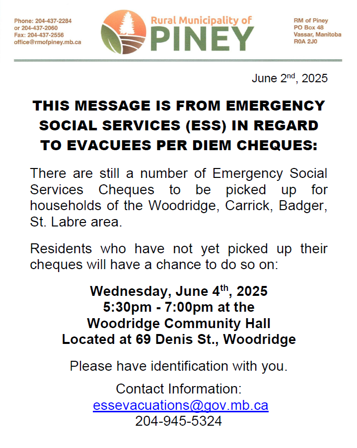 Cheques will be available to pick up at the Woodridge Community Centre on Wednesday June 4th from 5:30pm - 7:00pm.