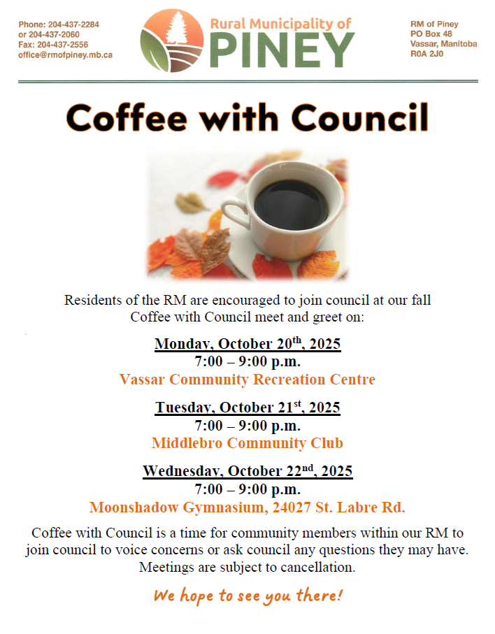 Fall Coffee with Council is scheduled for October 20th, 21st, and 22nd, 2025.