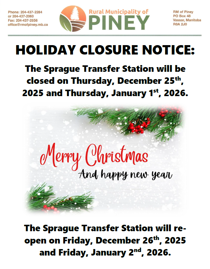 The Sprague Transfer Station will be closed on December 25th and January 1st.