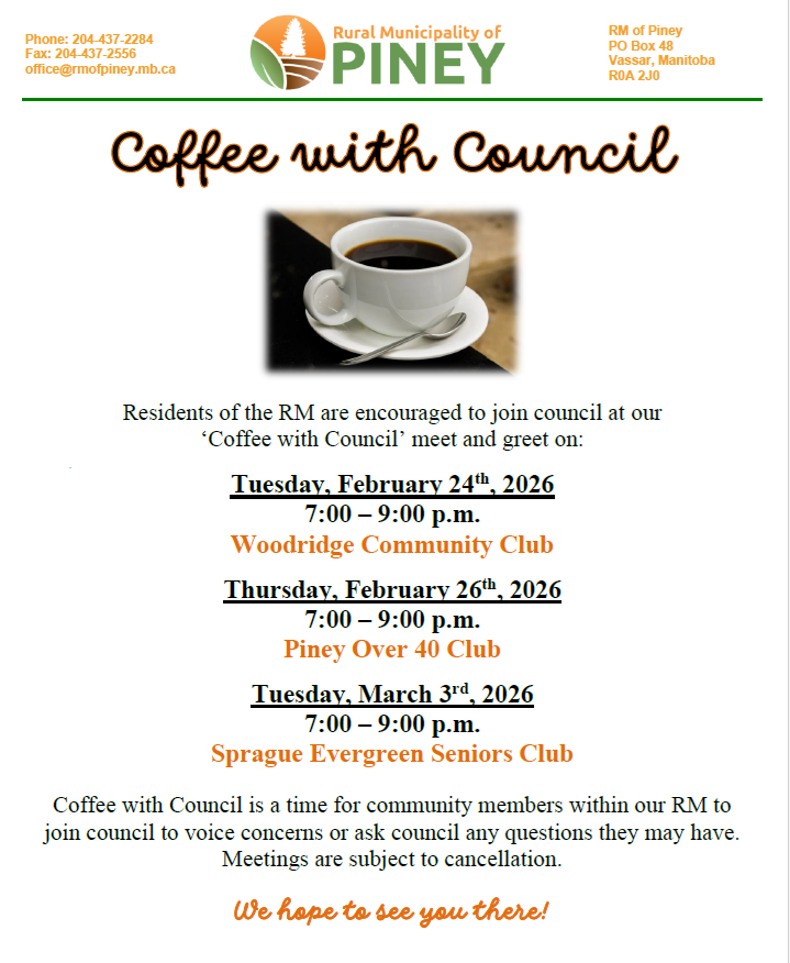 Coffee with Council is scheduled for February 24th, 26th, and March 3rd, 2026.