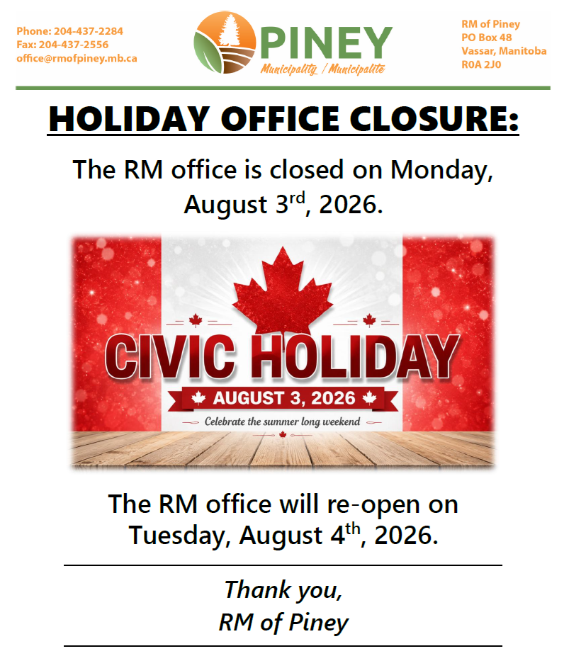 The RM office will be closed on Monday, August 3rd for Terry Fox Day.