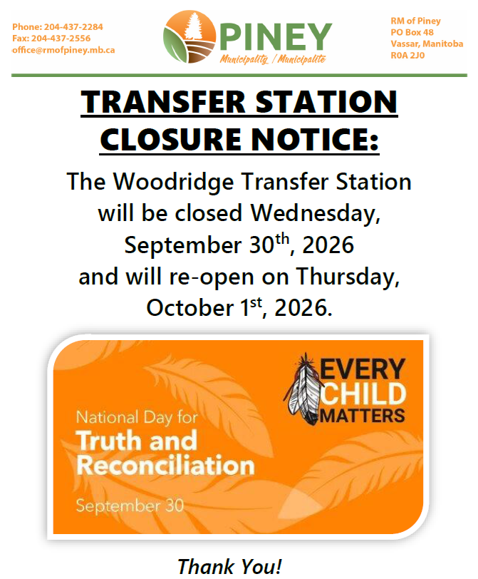 The Woodridge Transfer Station will be closed on Wednesday, September 30th for Truth & Reconciliation.