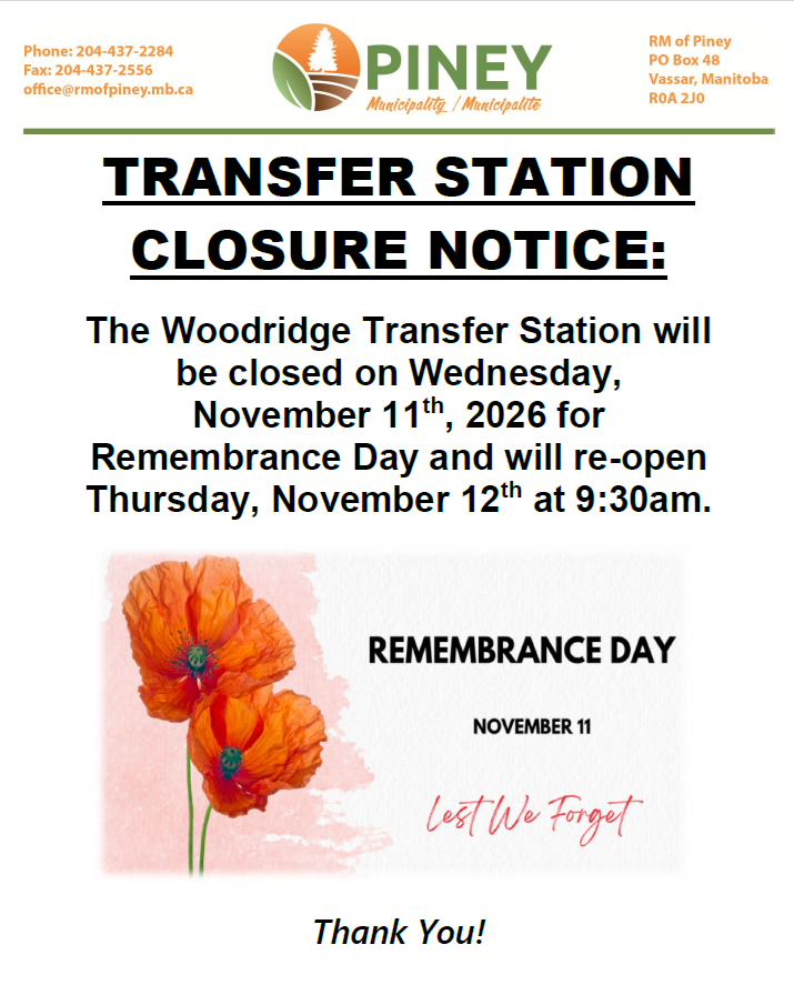 The Woodridge Transfer Station will be closed on Wednesday, November 11th for Remembrance Day.